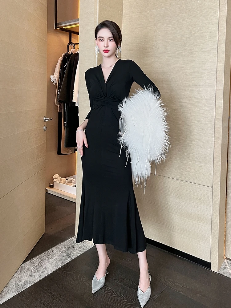 Deep V-neck Waist Hugging Dress New Inner wear Knitted Black Slim fit Sheath Frill Fishtail over the Knee Long dress