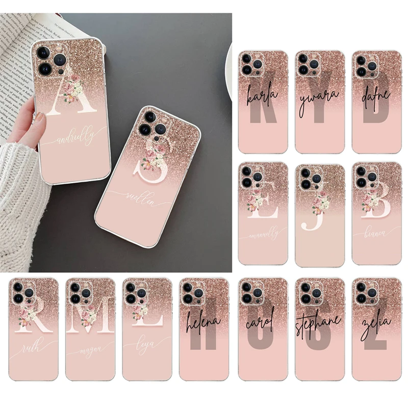 

Letter Name Pink Gold Rose Phone Case For iphone 14 13 12 11 Pro Max XS XR X 12mini 14 Plus 7 8 SE Mobile Phone Case Funda