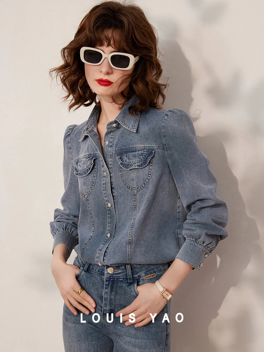 Женская рубашка LOUIS YAO новинка весны 2024 Модная Джинсовая Ретро блузка с отложным
