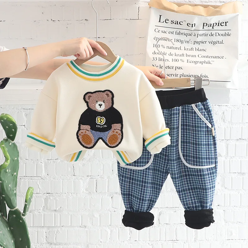 

2 шт./компл., детские клетчатые джинсы с мультяшным медведем