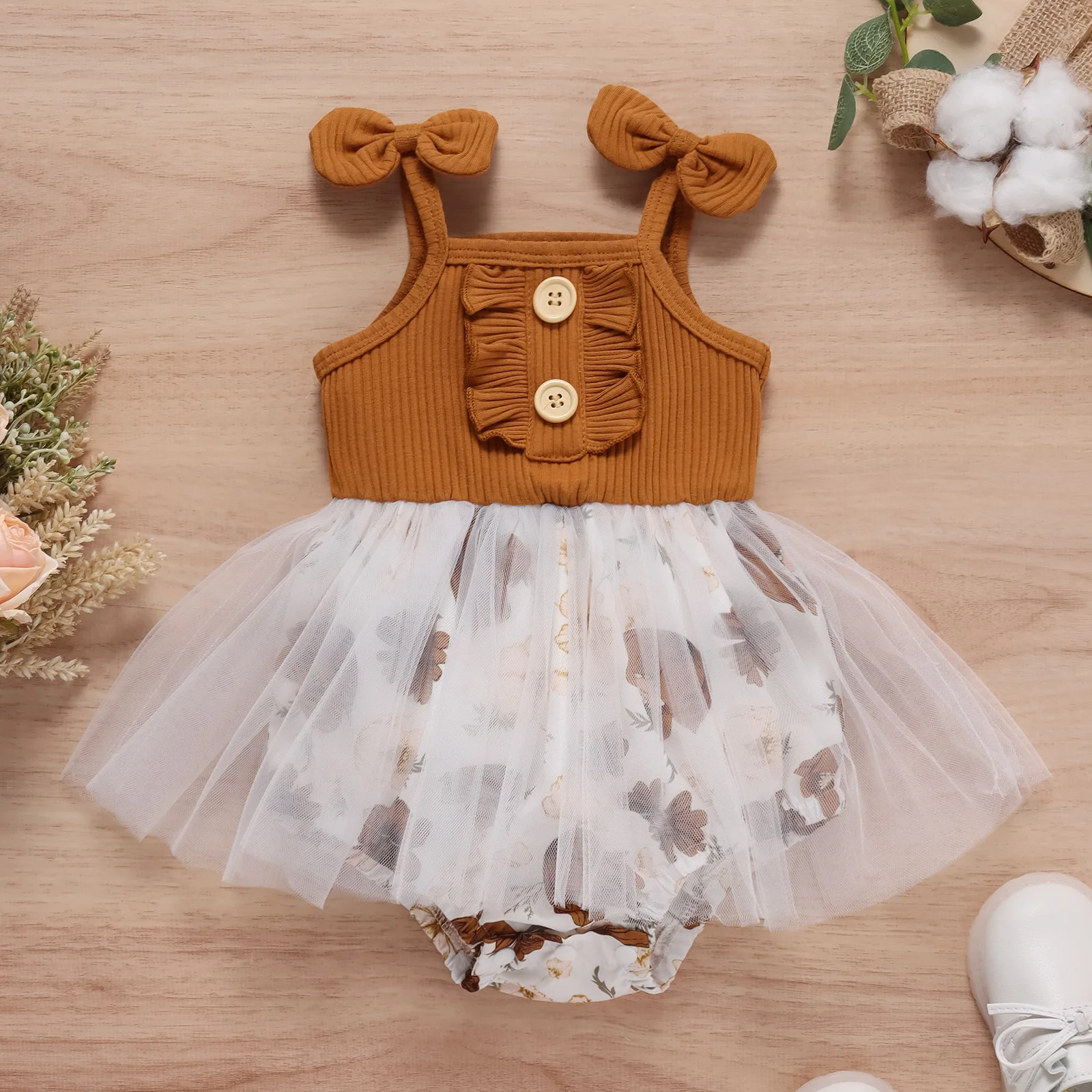 

Baby Clothes For Girls Toddler Cute Outfits Infant Solid Stitching Floral Bow Suspender Mesh Bodysuit Children Casual Clothing