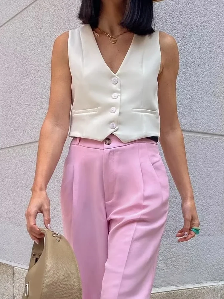 

Merodi Summer Womens Casual V-Neck Sleeveless White Short Vest Girls Single Breasted High Waist Jacket Female Slim Solid Outwear