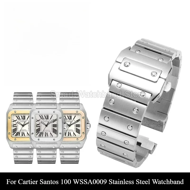 Фото Двойная застежка-бабочка для замены ремешка часов Cartier Santos 100 WSSA0009, прочный ремешок из нержавеющей стали с заклепочными звеньями. №1
