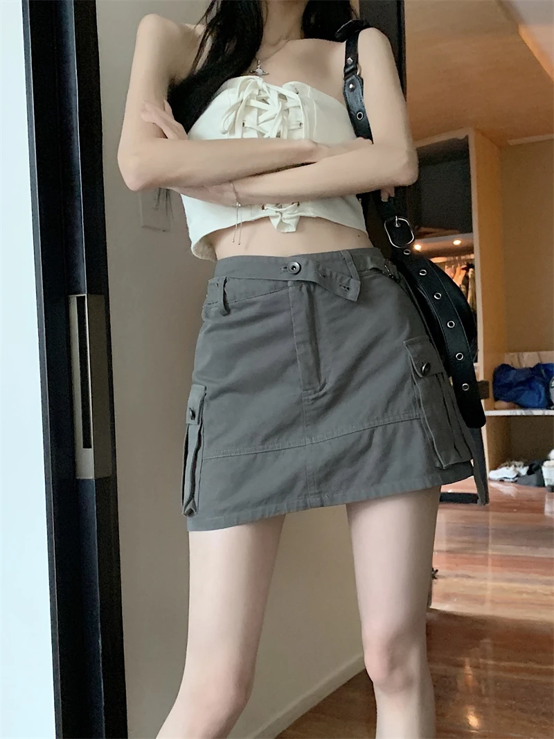 

Летняя женская уличная одежда в стиле Харадзюку Y2k, пикантные мини-юбки-карго, Женская эстетичная модная джинсовая короткая юбка в стиле 1920-х с высокой талией и карманами