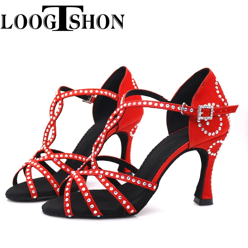 Loogtshon latin dance shoes woman Latin Dance Shoes shining RED  satin Women Salsa party Ballroom shoes
