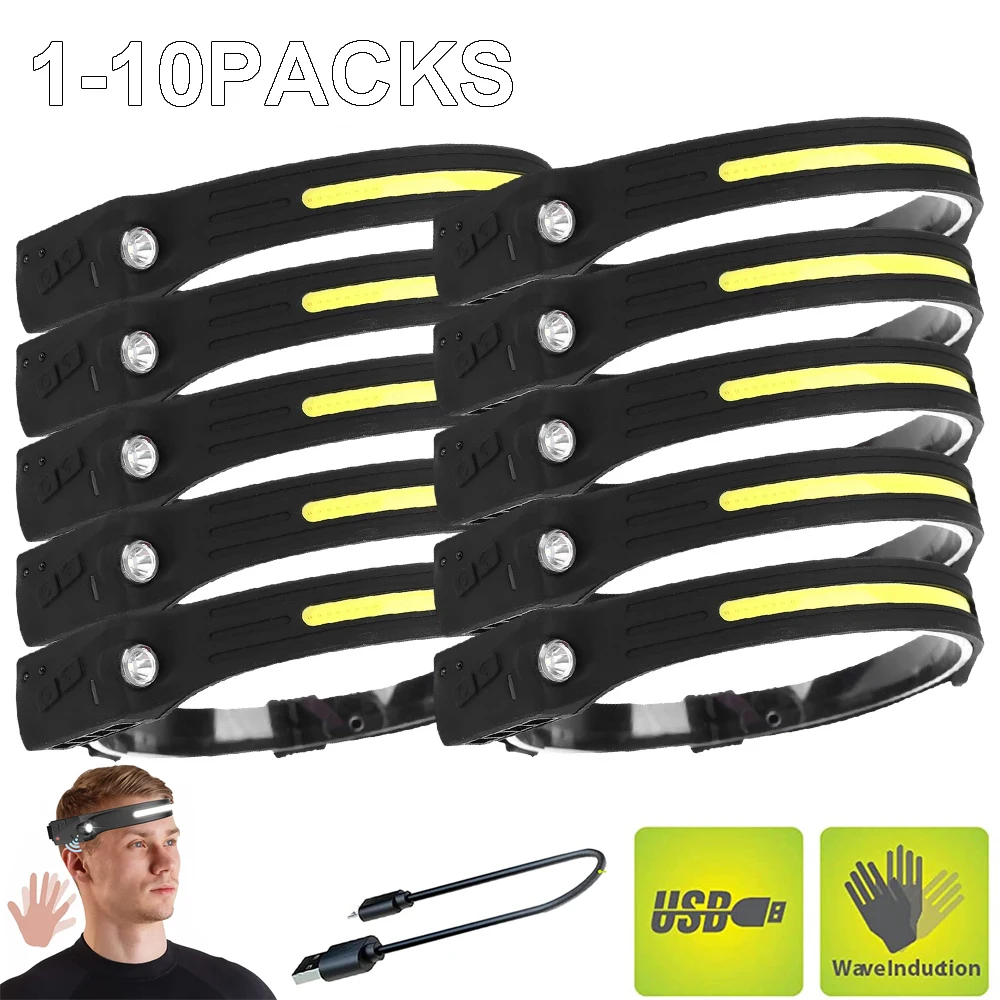 1-10PCS COB Headlamp Sensor LED Headlight USB Rechargeable Head lamp 4Modes Head Flashlight Camping Fishing Light COB Work Lamp