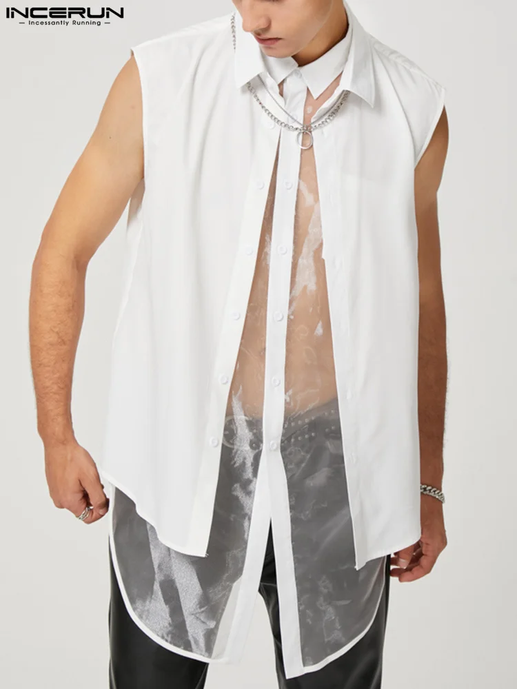 

INCERUN Men Casual Shirt Mesh Patchwork Lapel Sleeveless Streetwear See Through Men Clothing 2022 Button Sexy Stylish Camisas