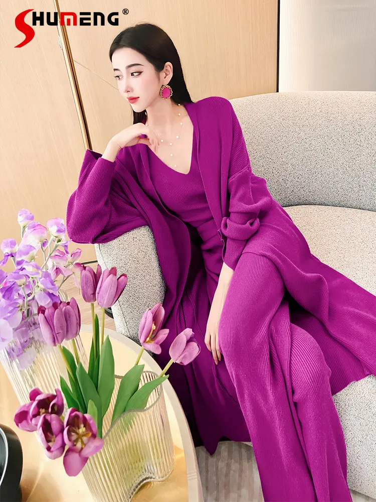 

Idle Style Solid Knitted Suit Autumn Winter 2022 New Long Cardigan Coat + Sweater Vest High Waist Wide Leg Pants Three-Piece Set