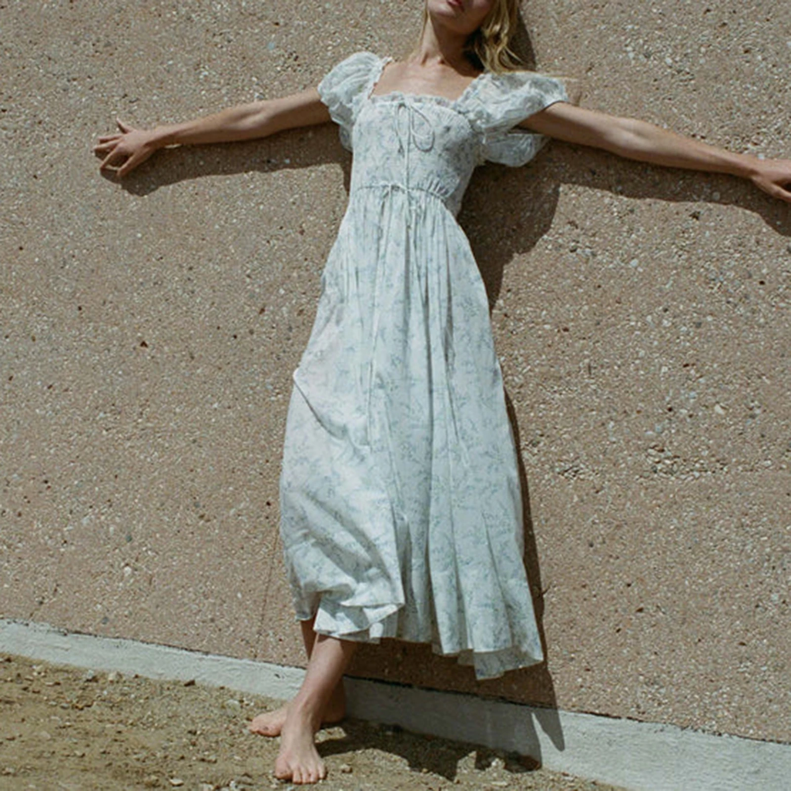 

Ladies Short Sleeve Dress Flower Printed Women Blue Swing Dress Loose Fit Puff Sleeve Pastoral Style Vacation Outfit