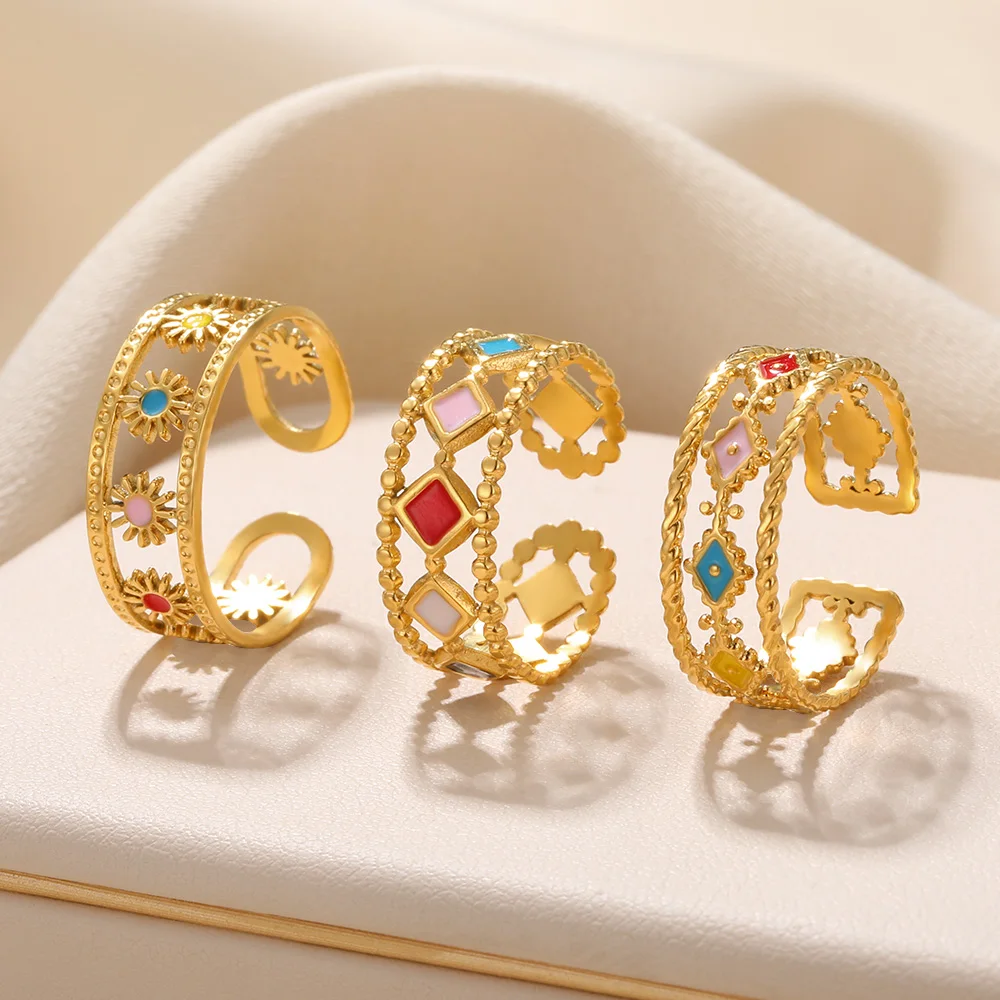 

PVD Plated 18K Gold Color Open Jewelry For Women Fashion Square Stainless Steel Ring Sun Heart Butterfly Rings Birthday Gift New