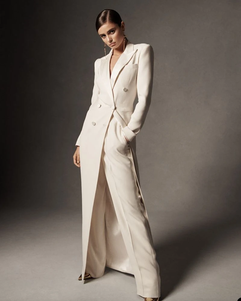 Blazer largo de doble botonadura para mujer, traje elegante de diseñador, pantalones de pierna ancha de celebridad, 2 piezas