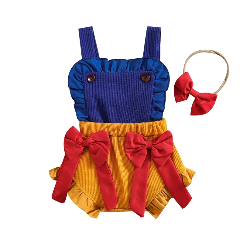 

Summer Toddler Baby's Clothes Girl Jumpsuit Set Sweet Contrast Color Casual Sleeveless Bow Suspender Kids Rompers and Headband