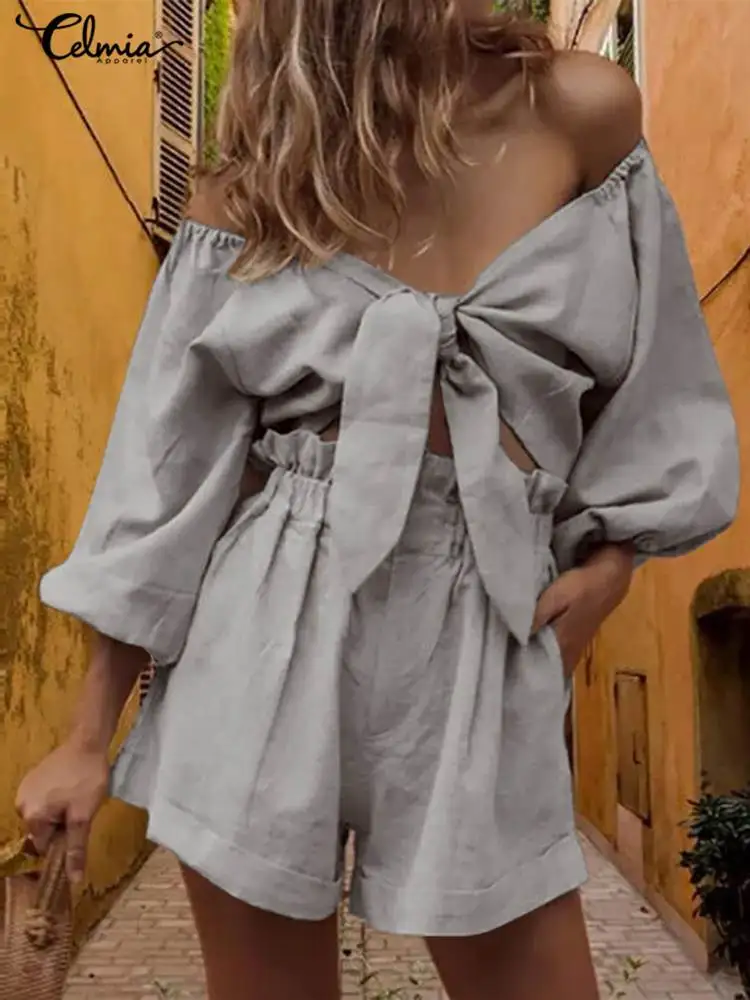 

Celmia Sexy 2 Pieces Sets Women Off Shoulder 3/4 Sleeve Crop Tops And Short Pants Sets Summer 2022 Casual Loose Cotton Suits