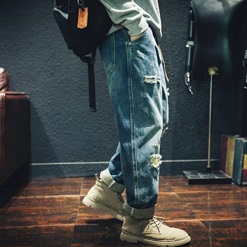 Streetwear Men 2022 New Pasting Cloth Ripped Jeans Loose Recreational Straight Cylinder Blue Temperament Trousers Autumn Female