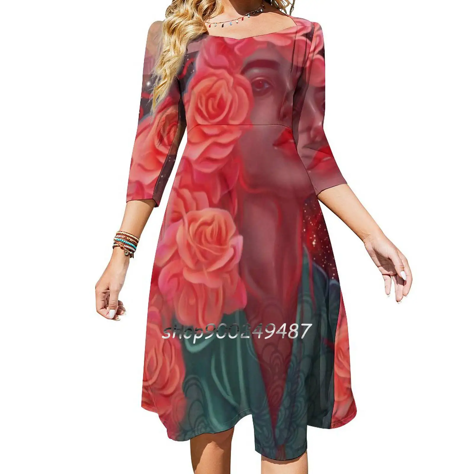 

Flower Spell Square Neck Dress Cute Loose Print Dresses Elegant Beach Party Dress Flower Roses Red Roses Orange Roses Pink