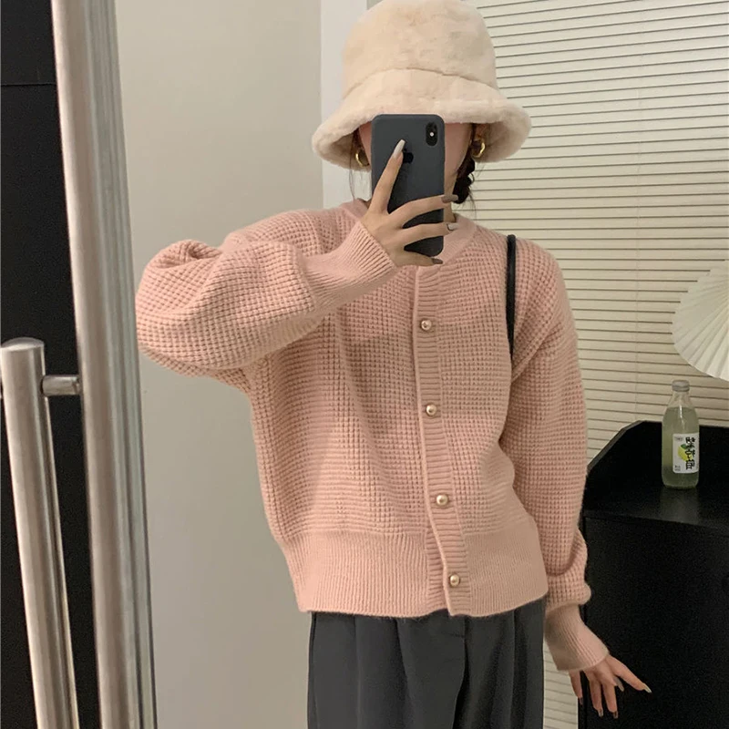 Женский вязаный кардиган на пуговицах Однотонный свитер в клетку с круглым