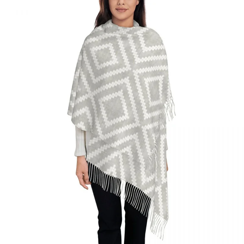 

Lady Large Grey Loom Kilim Aztec Ethnic Art Scarves Winter Fall Warm Tassel Shawl Wrap Bohemian Geometric Tribal Pattern Scarf