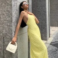 Summer Backless Lace-up Beach Dress Casual Solid Color Plaid Open Back Vacation Women Dress Bandage Pleated Long Slip Dresses 3