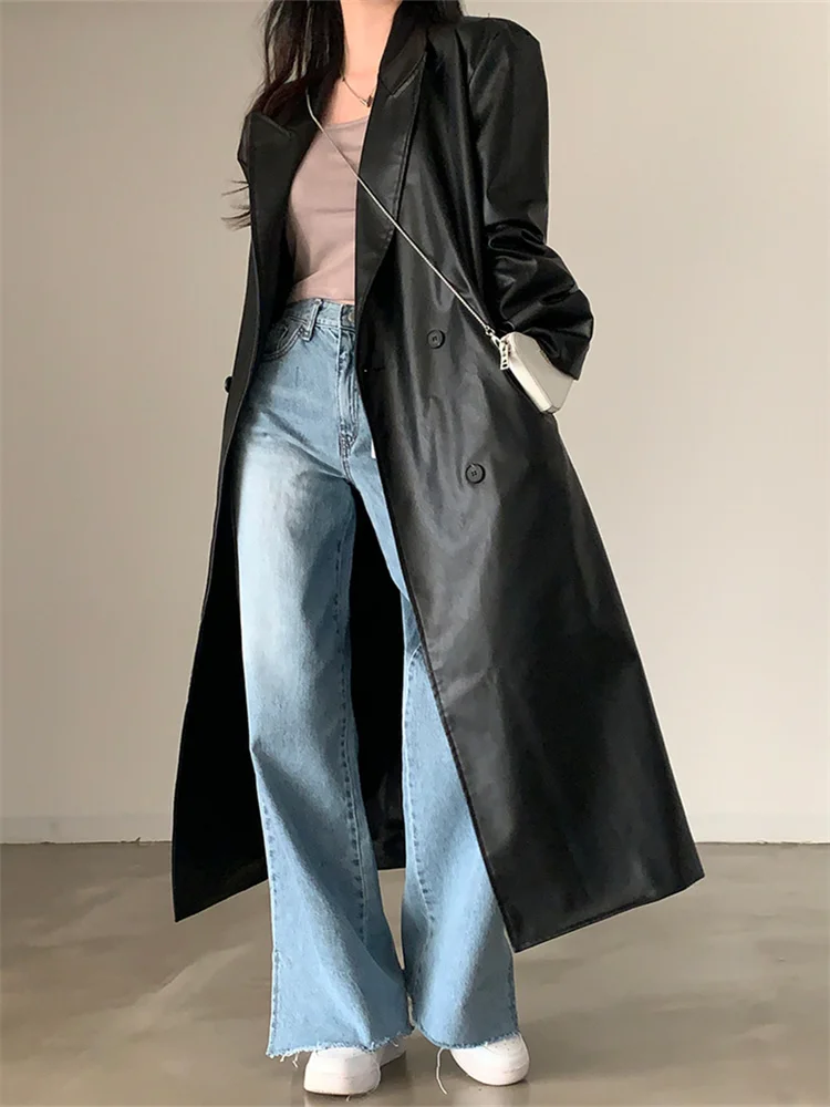 Женская модная шикарная черная длинная куртка из искусственной кожи женские