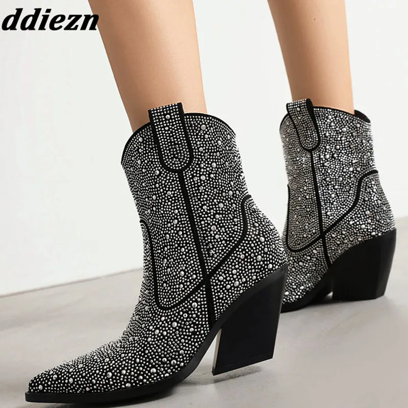 

2023 Fashion Crystal Woman Chelsea Ankle Boots Shoes Chunky Heels Ladies Western Boots Female Pumps Slip On Rhinestones Booties