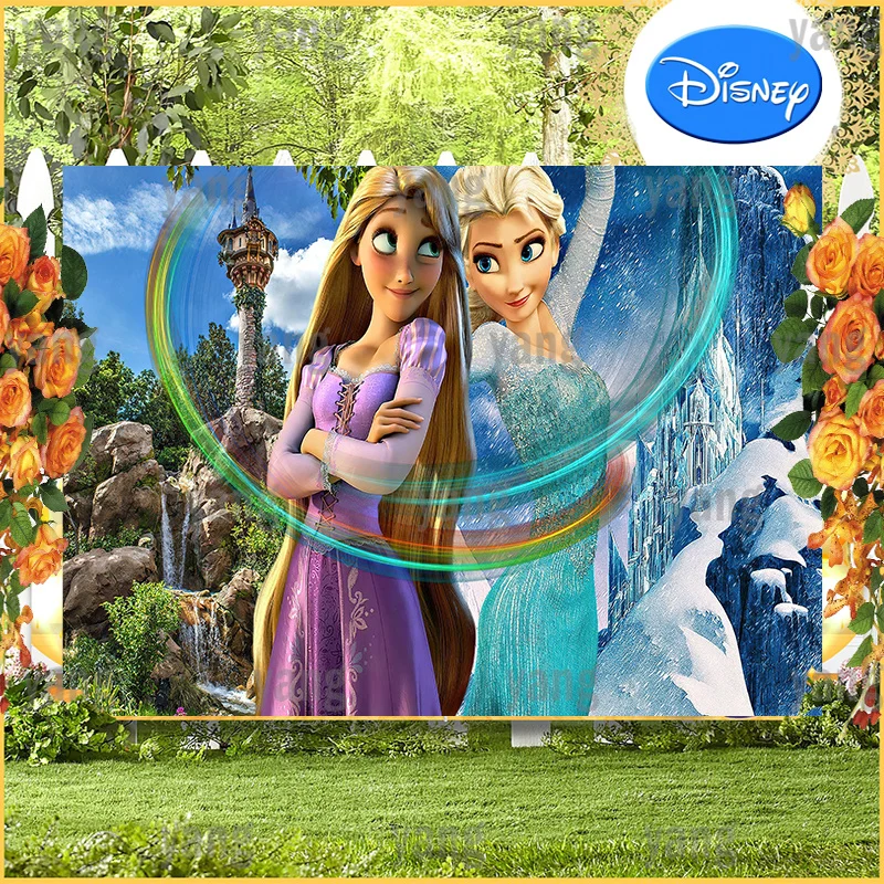 Disney Cute Newborn Princess Tangled Rapunzel Magic Frozen Elsa Background Girl Birthday Party Decoration Banner Backdrop Custom