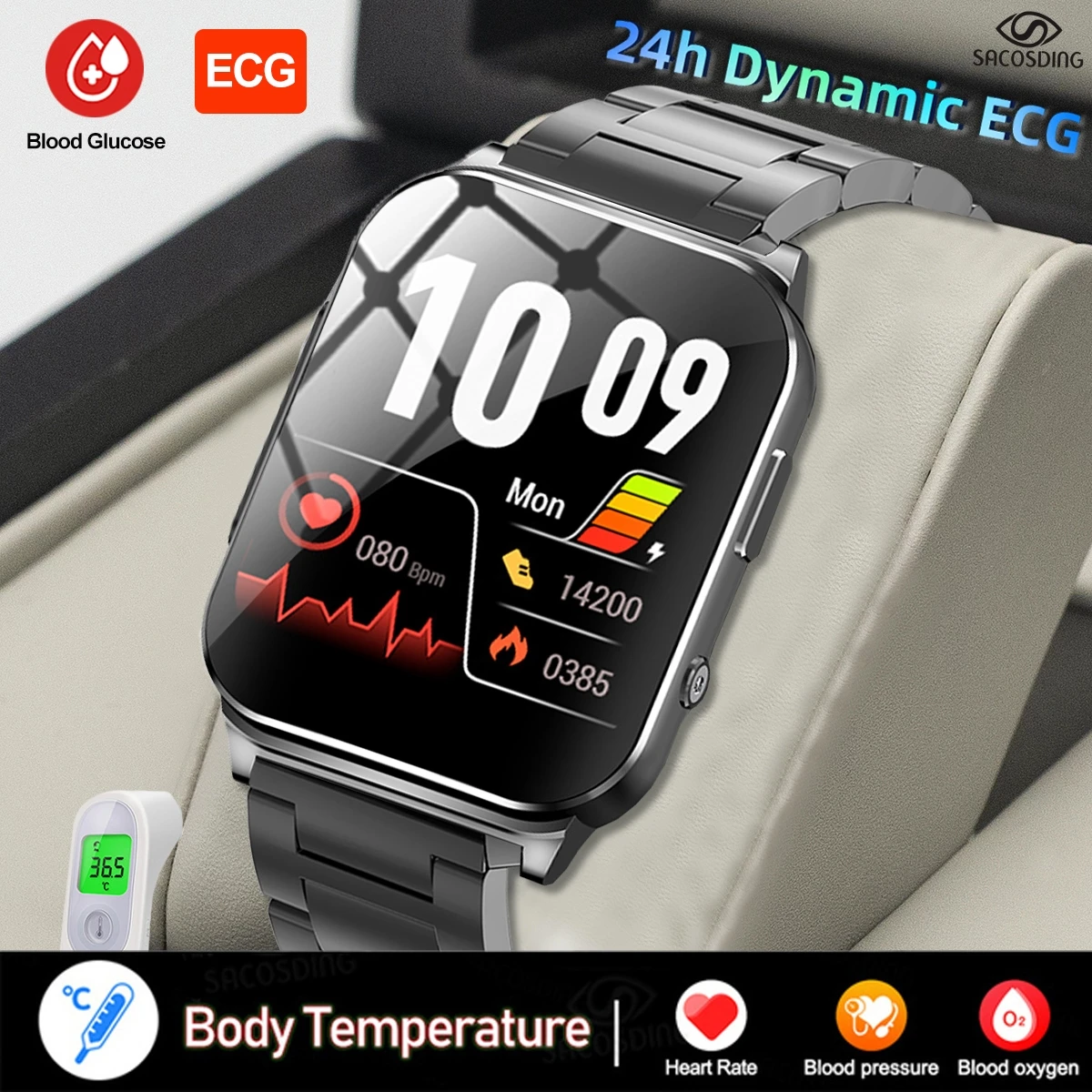 

ECG Watches Smart TTP 24-hour ECG Monitoring Smart Watch Men Blood Pressure Monitor Blood Sugar Heart Rate BodyTemperature Watch