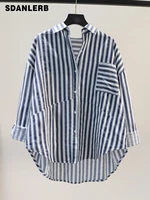 single pocket contrast color striped cotton linen shirt womens long sleeve blouse 2022 spring and summer relaxed fit casual top