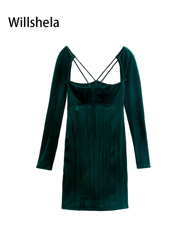 

Willshela женское модное бархатное однотонное открытое мини-платье с открытой спиной, винтажное платье с квадратным воротником и длинными рука...