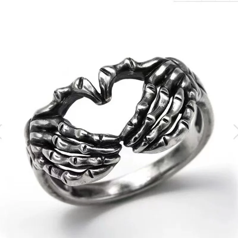 

Vintage Style Love Gesture Men's and Women's Rings Skeleton Hand Combination Concentric and Domineering Open Ring Jewelry