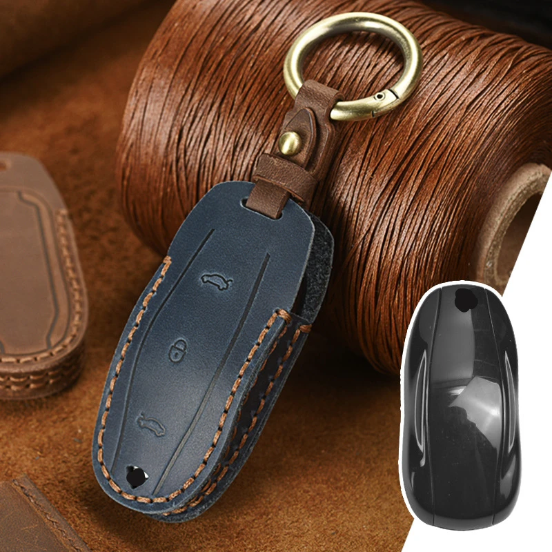 

For New Luxury Genuine Leather Car Key Fob Cover for Tesla S Y X Auto Keyring Keychains Holder Bag Keyring Shell Case