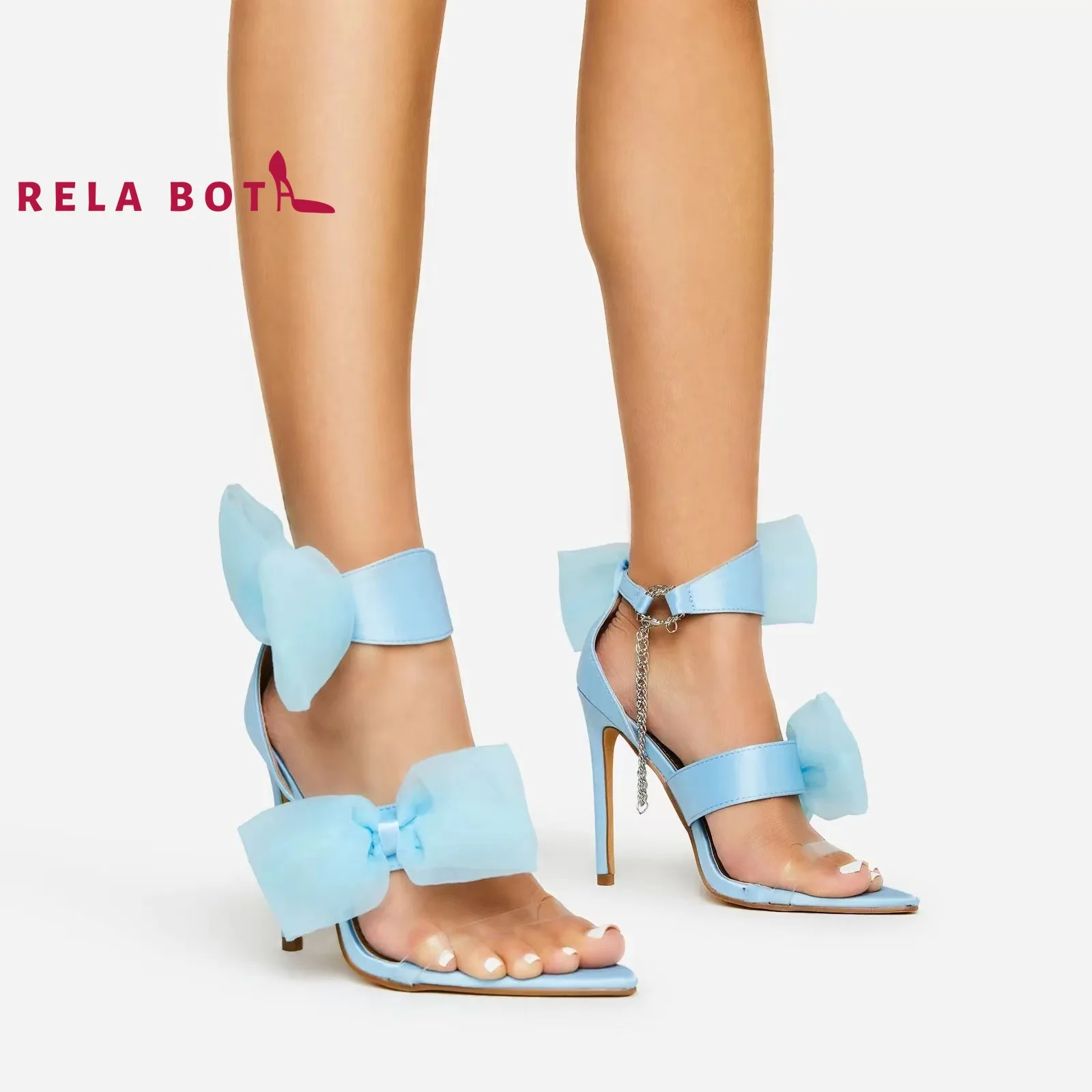

Satin Bow Fashion High Heeled Shoes Women's Large Size Sexy Chain Sandals Pointed Double Bow Fashion Girls Cool Heels Party Sexy