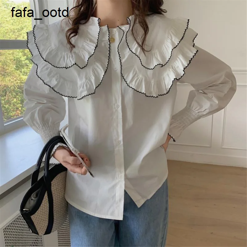 

Korea White New Design Elegant Shirts Ruffles Peter Pan Collar Preppy Style Hot 2022 Autumn Streetwear Women Tops