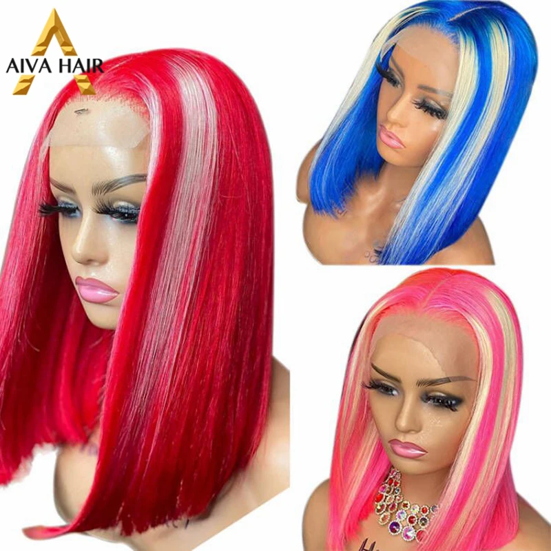 

Highlight Red Honey Blonde 13X4 Lace Front Short Bob Ombre Pink Color Preplucked Pixie Cut Cosplay Synthetic Women's Wigs