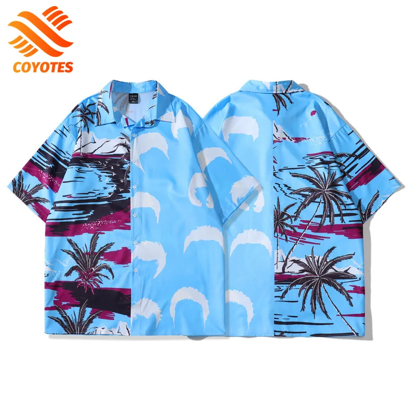 

Гавайская пляжная рубашка для мужчин и женщин, Койоты, кокосовое дерево, принт, большие размеры, короткий рукав, отворот, повседневная майка, Прошитые топы, на лето