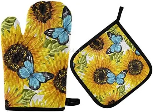 

Yellow Sunflowers Butterfly Oven Mitts and Pot Holders Set Handling Kitchen Cookware Bakeware BBQ