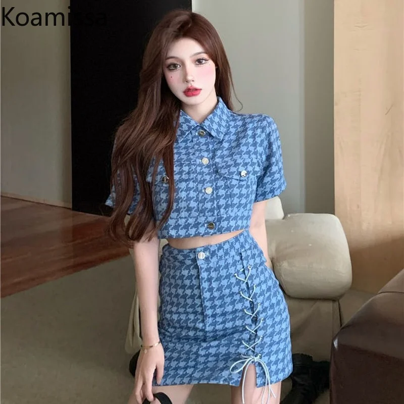 

Koamissa Vintage Women Dress Set Korean Chic Cropped Tops Slim Plaidskirt Fashion Lady Out Wear Two Pieces Set Sexy Lady Suits