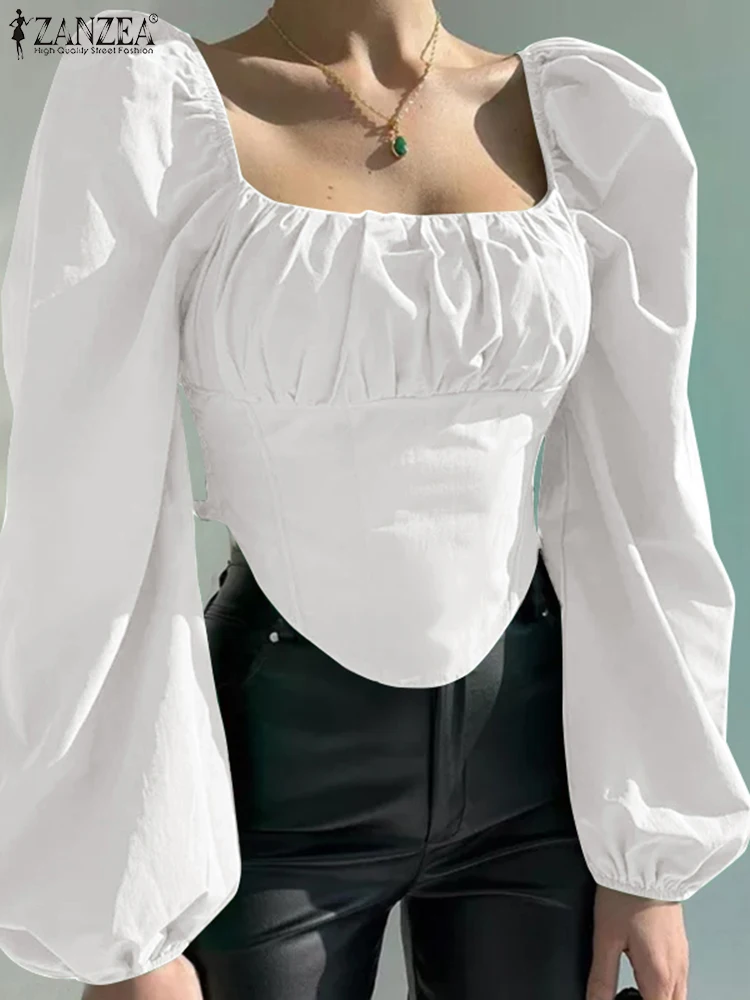 

Элегантная Праздничная блузка ZANZEA с квадратным воротником, осень 2022, женский короткий топ с пышными длинными рукавами, однотонные модные ру...