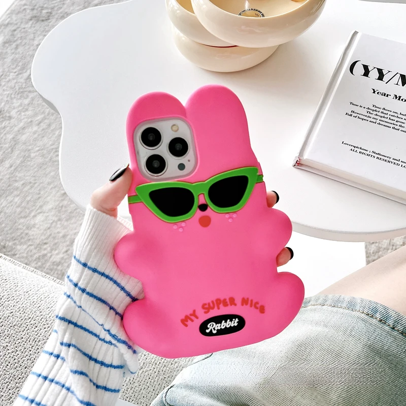 

INS Style My Supper Nice Rabbit Cute Cartoon Sunglasses Pink Rabbit Phone Case For IPhone 14Pro Max 13Plus 12 11 X XR/XS Cover