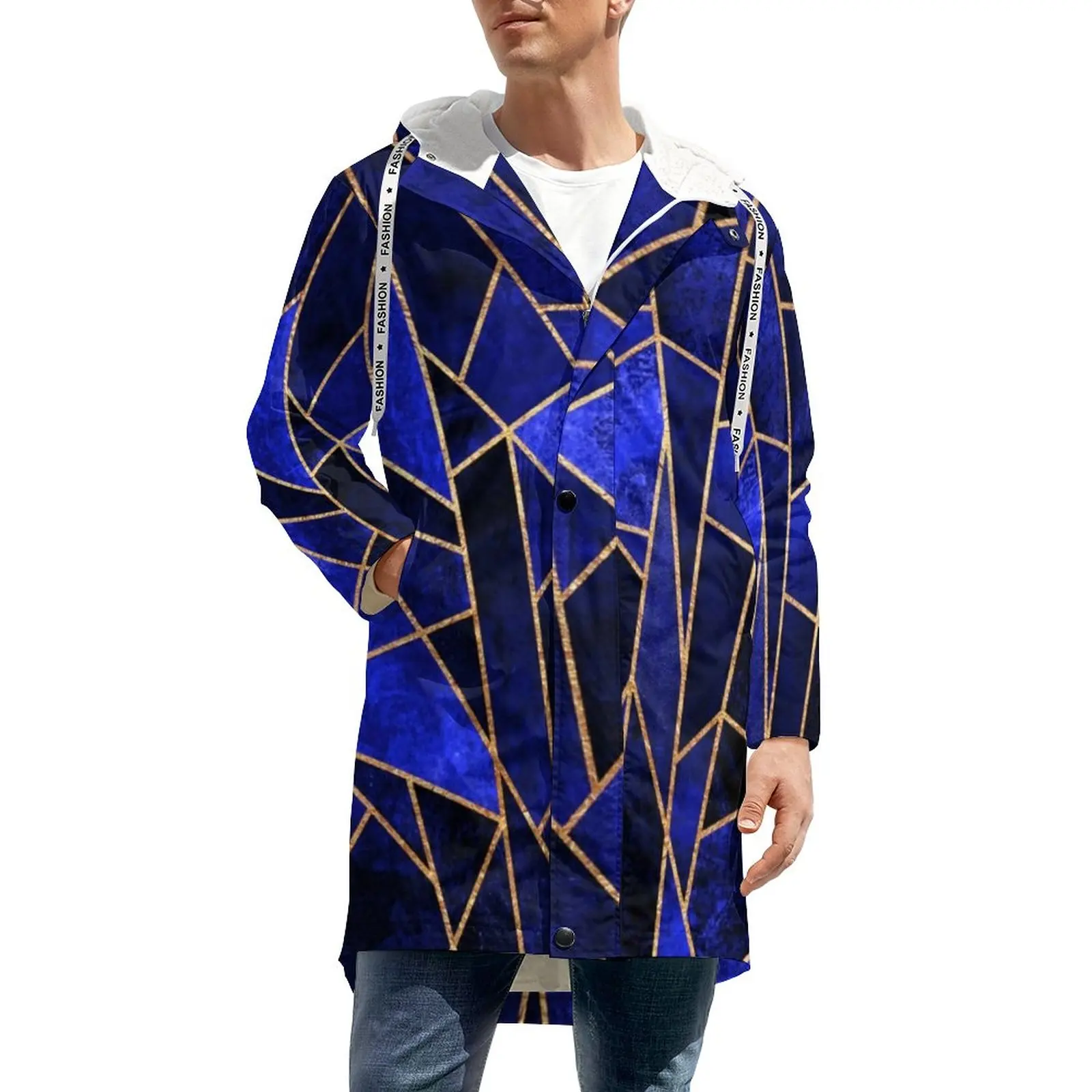 

Blue Geometry Warm Casual Trench Coats Man Gold Line Long Straight Winter Jackets Street Wear Hooded Windbreakers Plus Size 5XL