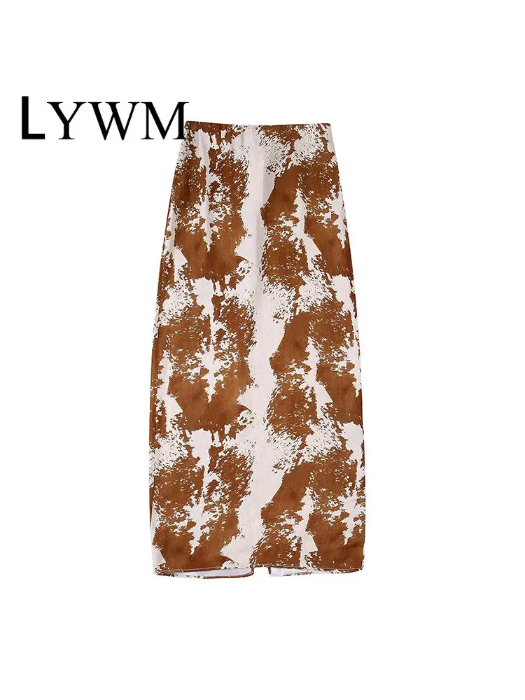 

LYWM Women Fashion Printed Midi Skirt Side Zipper Vintage Back Slit High Waist Female Chic Lady Skirts Mujer Outfits