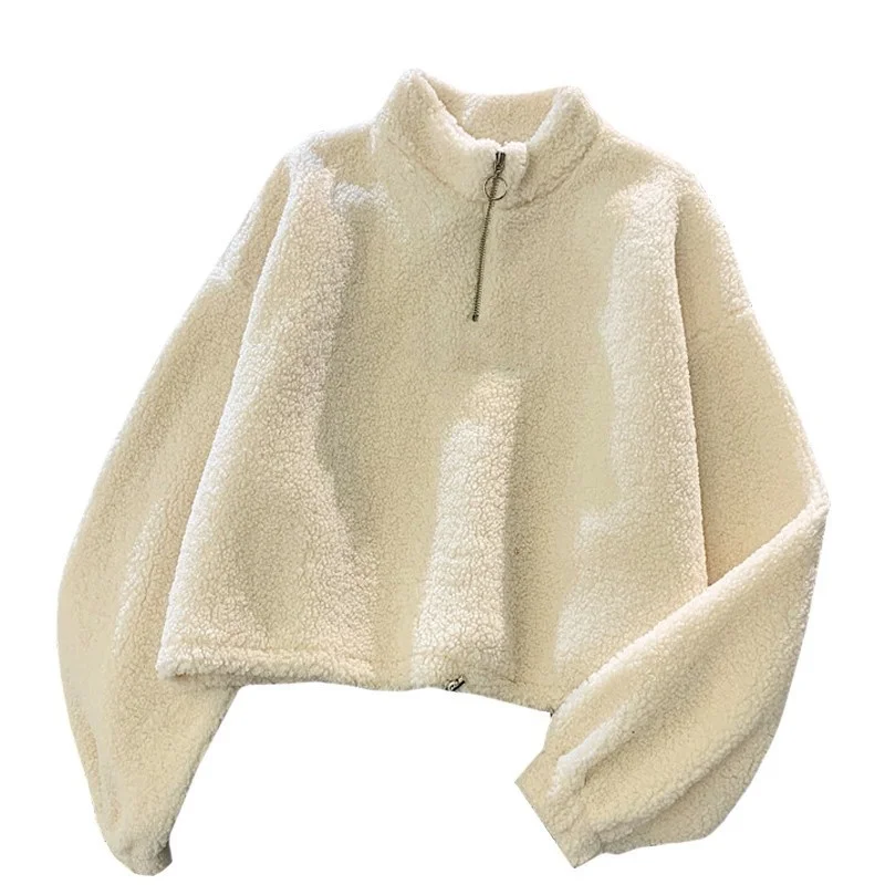 

Y2k New Cashmere High Collar Short Hoodies Women Clothes Thicken Loose Autumn Zipper Coat Pure Apricot Harajuku Sweatshirt Femme