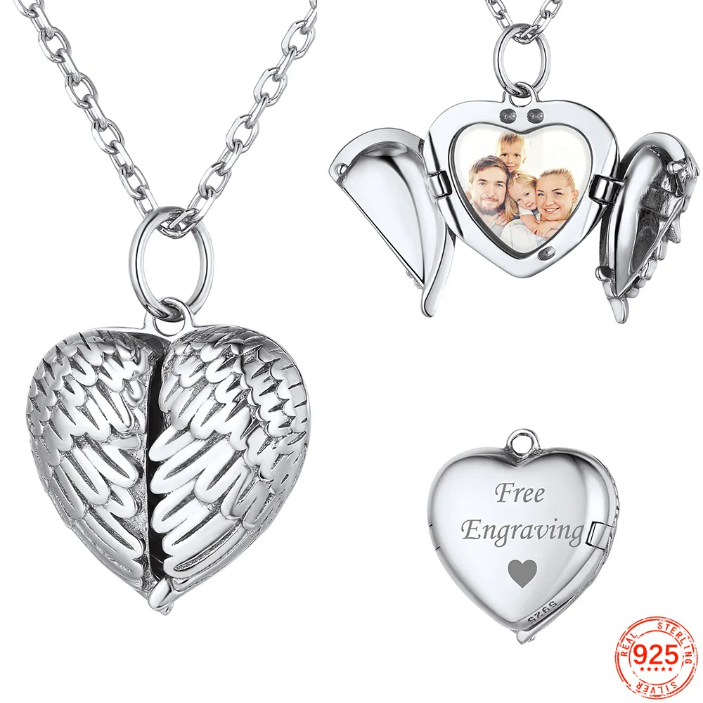 

U7 925 Silver Angel Wing Custom Photo Locket Necklace for Woman Backside Laser Engravable Personalized Family Memorial Jewelry