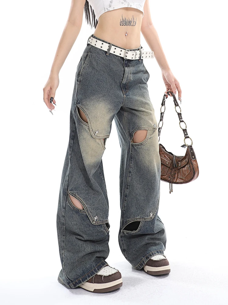 

Женские винтажные свободные джинсовые брюки в японском стиле с низкой талией и дырками, мешковатые рваные джинсы в стиле Харадзюку, уличная одежда Y2k, длинные брюки в стиле Педди