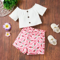 baby toddler girl clothes 2 6y summer short sleeve ribbed top strawberry printed bow shorts suit girl baby children 2 piece set