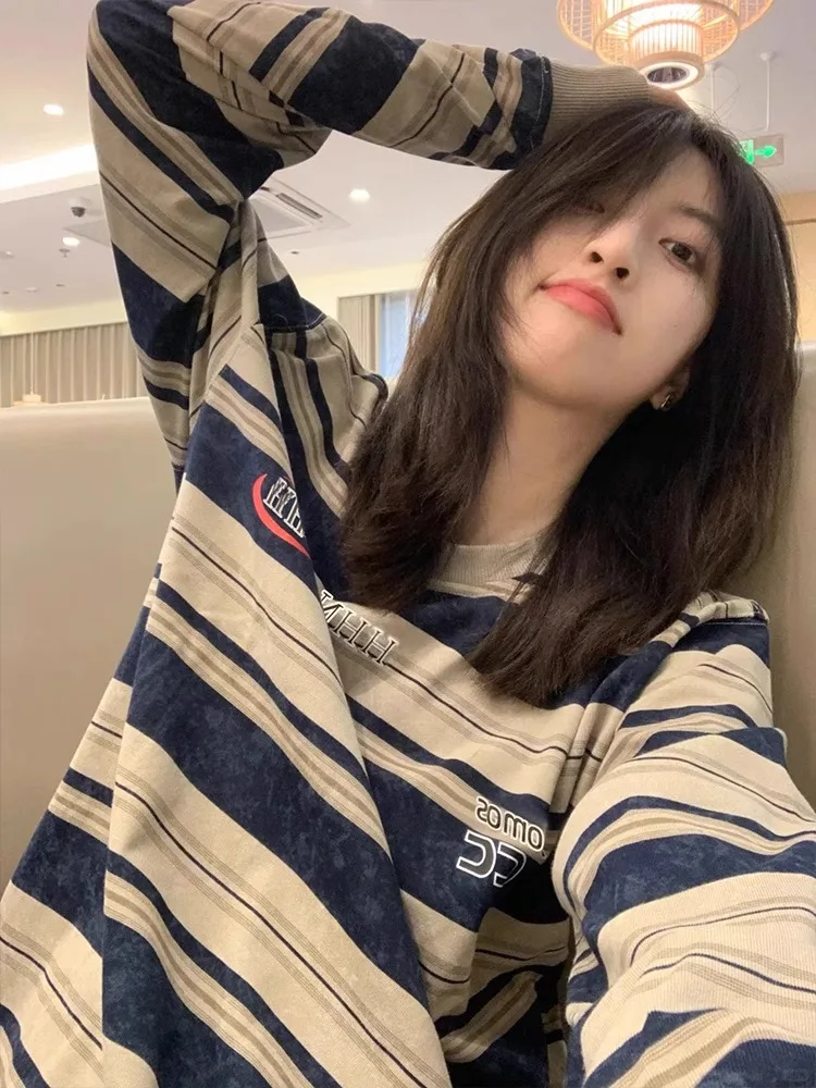 American vintage Stripe Shoulder Long sleeves Shirt Women Autumn Wear Loose Design Sense Korean Series Chic Top