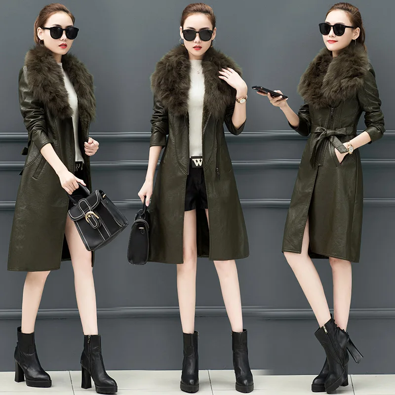 Winter Coat Plush Leather Coat Women's Medium Long Slim Leather Coat Thickened Warm Waist Wool Collar Skinny Lady Leather Coat