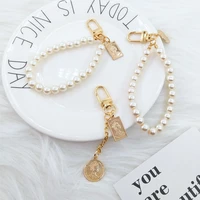 retro beauty head pearl chain keychain female round letter key ring student girlfriends bag pendant gift