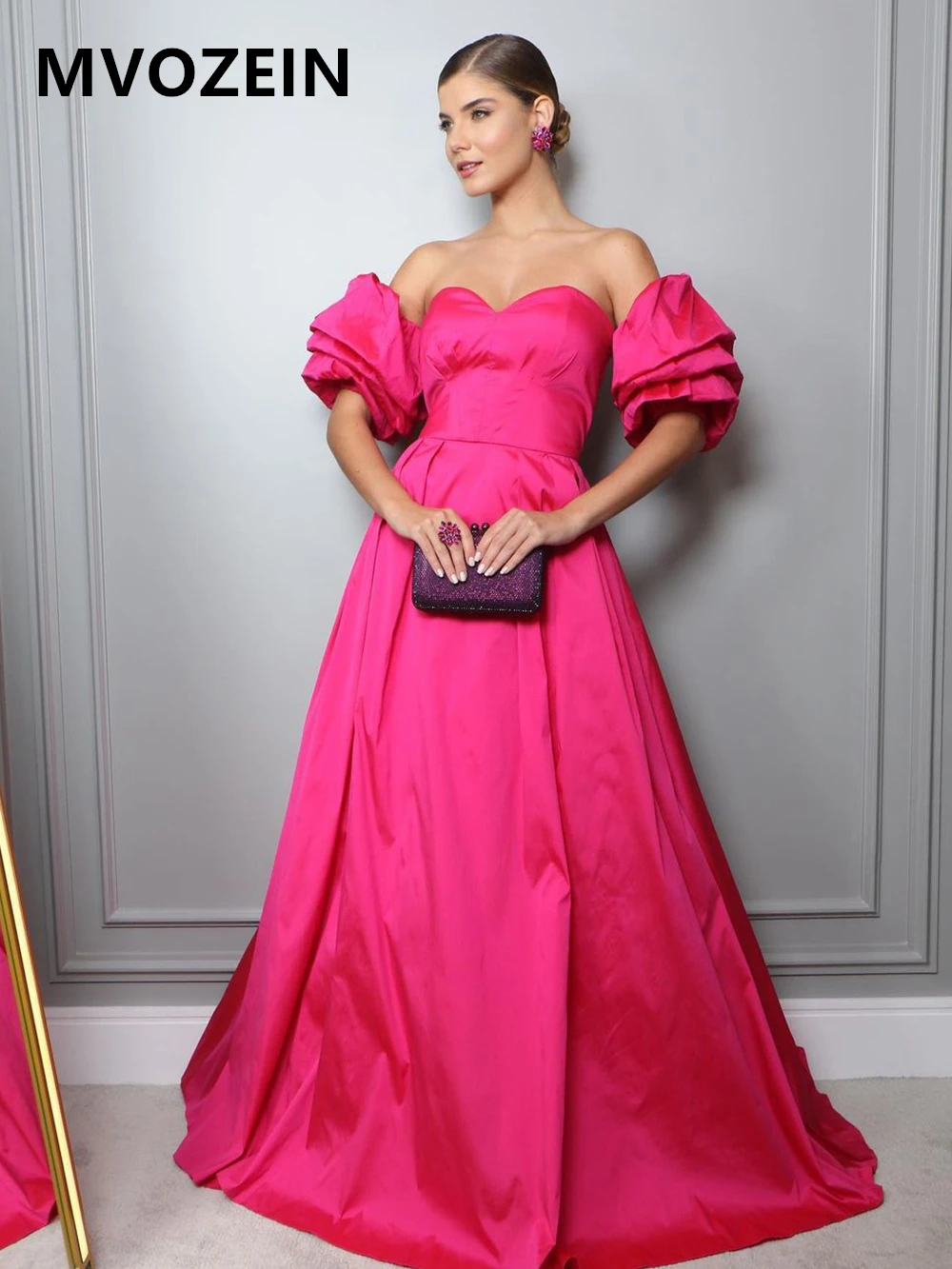 

MVOZEIN атласное вечернее платье А-силуэта с пышными рукавами сердечком ярко-розовое элегантное женское Деловое платье в пол