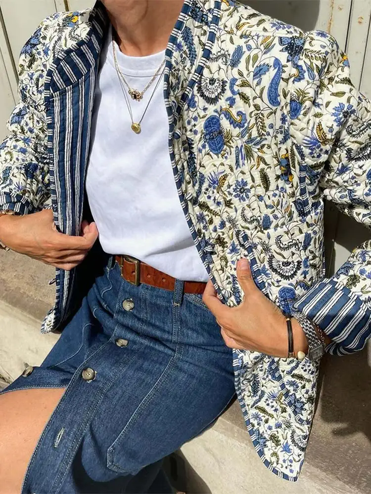 

Vintage Flower Print Cotton Coat Women Fashion Long Sleeves Single Breasted Warm Jacket 2023 Autumn Ladies High Streetwear