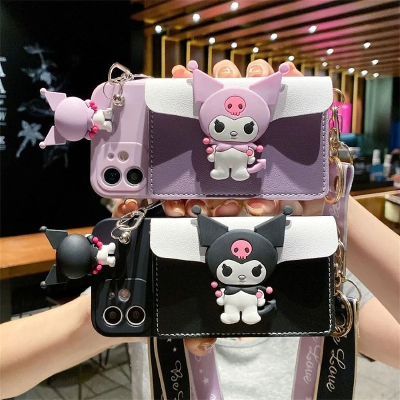

Hello Kitty Kuromi Soft Case for iPhone11 12 13 Pro Max 13 Pro X XS MAX XR Cartoon Slanting Lanyard Design Leather Back Cover